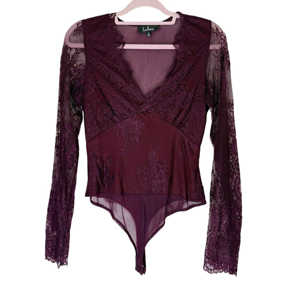 Lulus Burgandy Lace Long Sleeve Deep V-neck Bodycon Bodysuit One Piece Size M‎